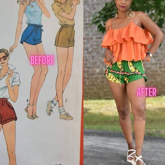 Homemade Wrap Shorts Green Ankara African Print Hot Pants Retro Sewing Cotton 4 - Picture 16 of 16